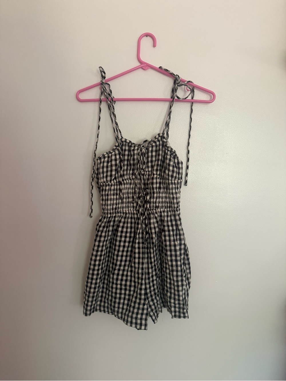 American Eagle Outfitters Black & White Gingham Tie-Shoulder Romper